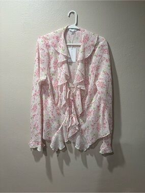 Lucy Paris Pink Floral Ruffle Tie-Front Blouse